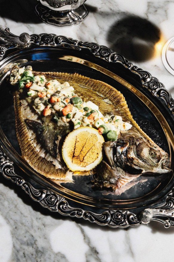 Grilled flounder with warm sauce gribiche.