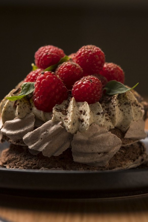 Chocolate wattleseed pavlova.