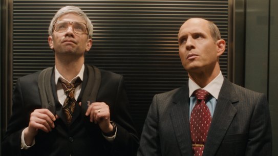 Jay Baruchel (left) and Glenn Howerton  in BlackBerry, which tracks the rose and fall of the once-popular smartphone,