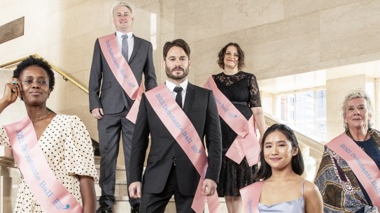 Making an entrance: authors (left to right) Aminata Conteh-Biger, Sam Coley, Andrew Pippos, Ewa Ramsey, Vivian Pham, and Julie Jason prepare for this weekend’s Sydney Writers’ Festival Debutante Ball.