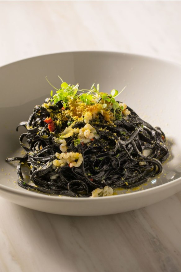 House-made squid ink pasta.