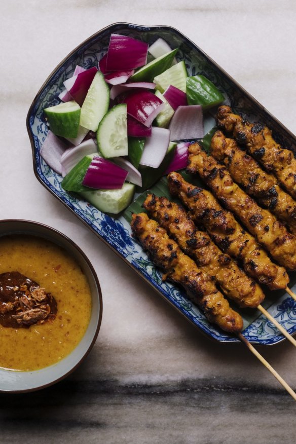 Chicken satay skewers.