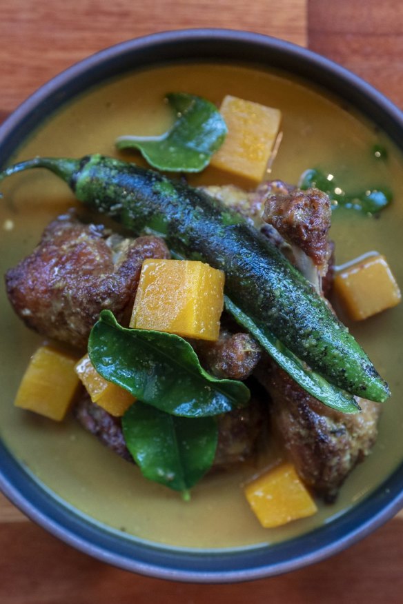 Duck leg with sour curry and pumpkin. 
