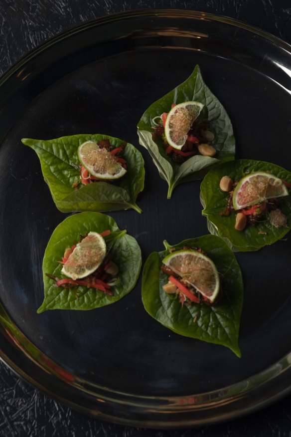 Sweet pork betel leaves with dried shrimp and macadamia.