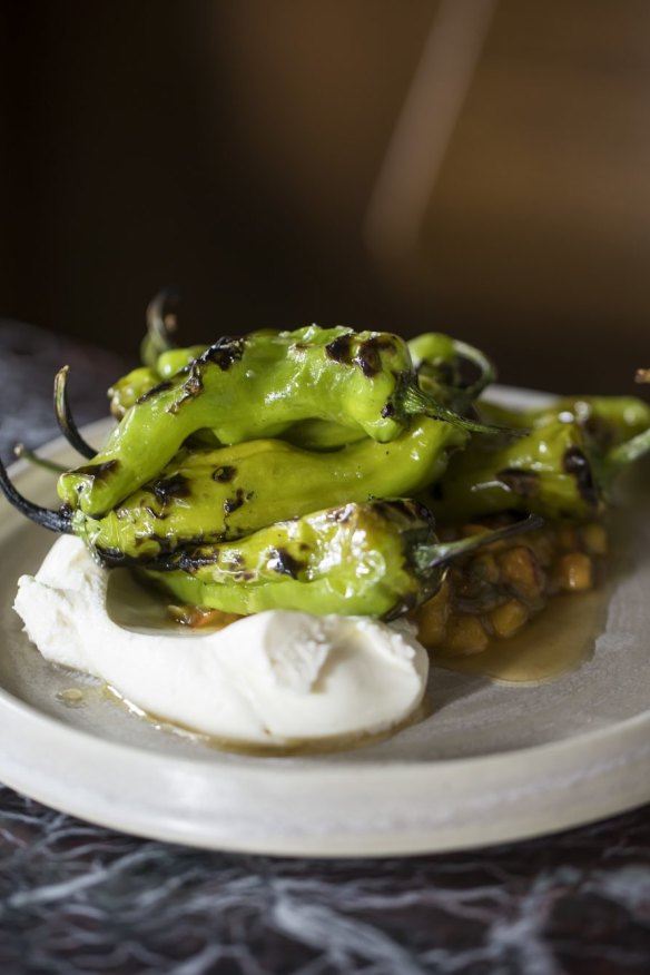 Shisito peppers, peach, yoghurt.