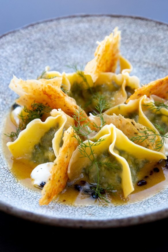 Spanakopita-filled manti dumplings.