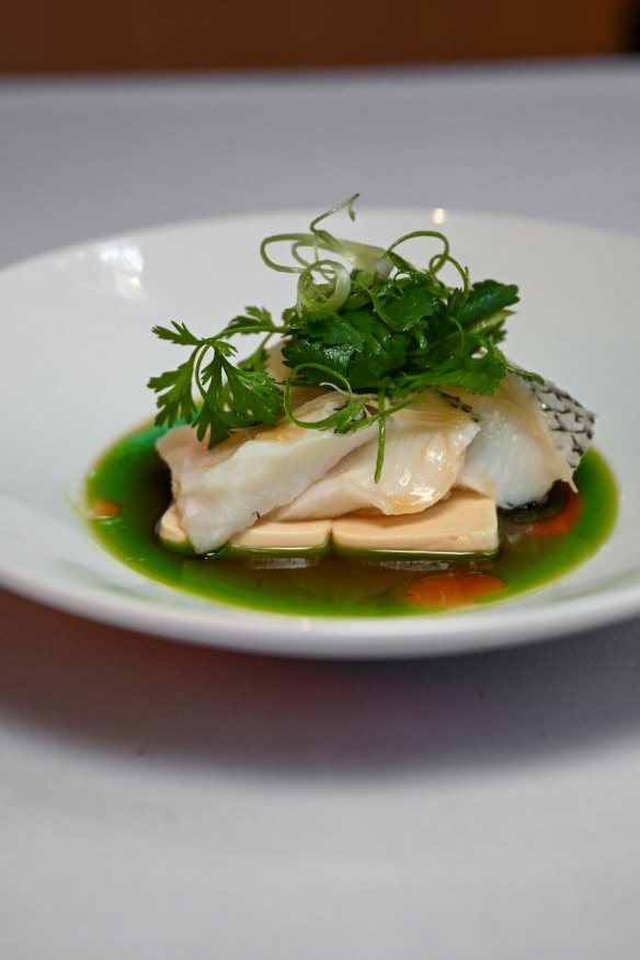 Steamed tooth fish with silken tofu.