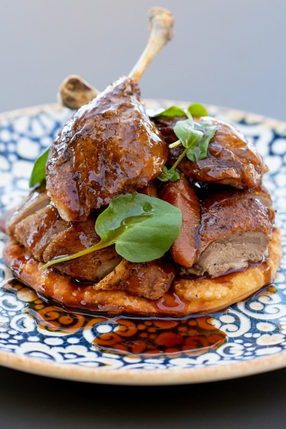 Nut tart. Twice cooked duck, dittany, wild greens pie, quince, duck jus.