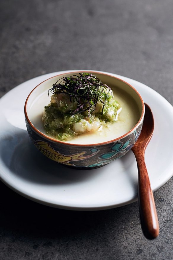 Silken tofu, prawn, spring onion and shio koi.