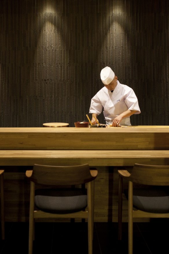 Inside the minimalist restaurant. 