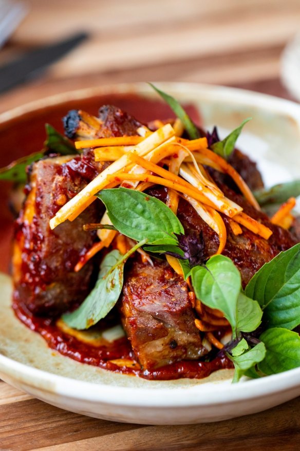 Salt-and-pepper pork ribs with chilli and basil.  