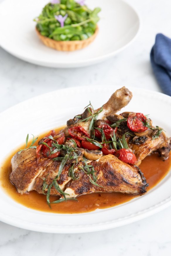 Rotisserie chicken with sauce chasseur.