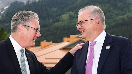 Prime Minister of the United Kingdom Keir Starmer meets with Prime Minister Anthony Albanese during the G7.