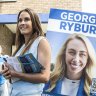 Much in common but only one victor: Jacqui Scruby on polling day, flanked by the poster of her Liberal rival, Georgia Ryburn.