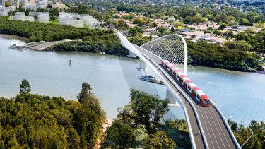 An artist’s impression of the second stage of the light rail line over Parramatta River between Melrose Park and Wentworth Point.