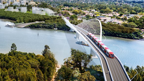 An artist’s impression of the second stage of the light rail line over Parramatta River between Melrose Park and Wentworth Point.