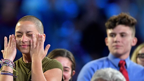 Student activist Emma Gonzalez wipes away tears during a CNN town hall meeting in February.