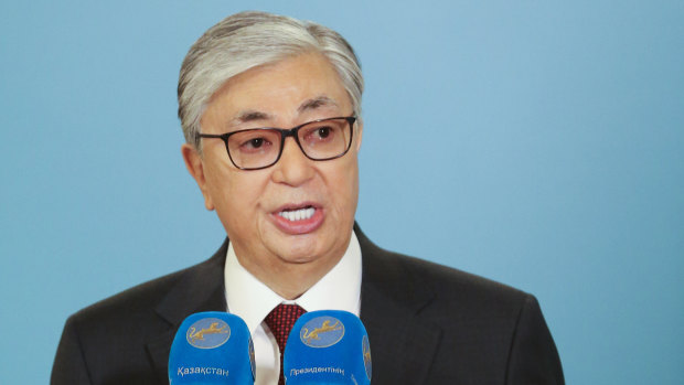 Kazakhstan's acting President Kassym-Jomart Tokayev speaks to the media at a polling station during the presidential elections in Nur-Sultan, the capital city of Kazakhstan.