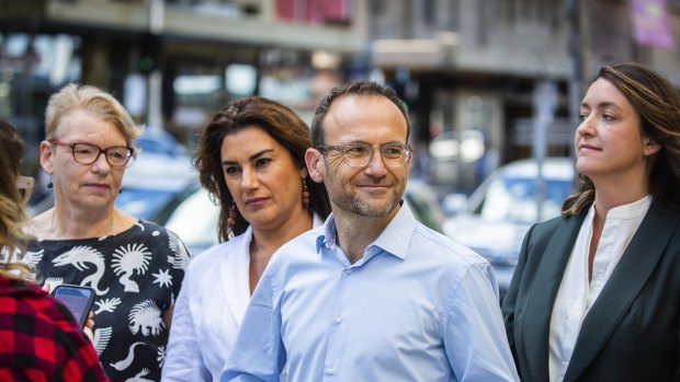 Greens leader Adam Bandt with Victorian colleagues Senators Janet Rice and Lidia Thorpe and candidate Steph Hodgins-May.