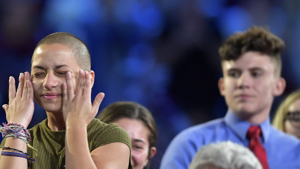 Student activist Emma Gonzalez wipes away tears during a CNN town hall meeting in February.