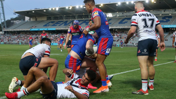Knights players celebrate another try during their rout of an understrength Roosters at Central Coast Stadium.