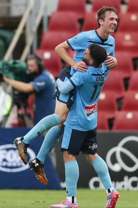 Youngster Calem Nieuwenhof celebrates his goal against the Phoenix.