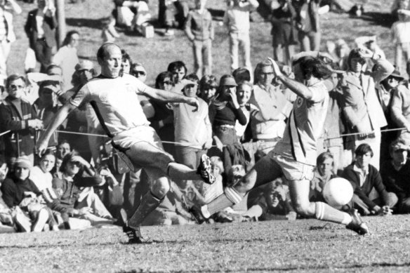 Sir Bobby Charlton playing for Newcastle KB at the International Sports Centre.