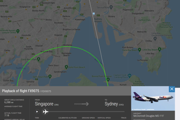 Screenshot from flightradar24.com showing flight path of Fedex flight FX9075 after it issued a mayday when coming into land at Sydney airport on the night of 12 March 2022 