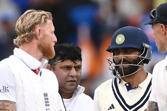 Ben Stokes (left) and Ravindra Jadeja exchange words at the end of the match.
