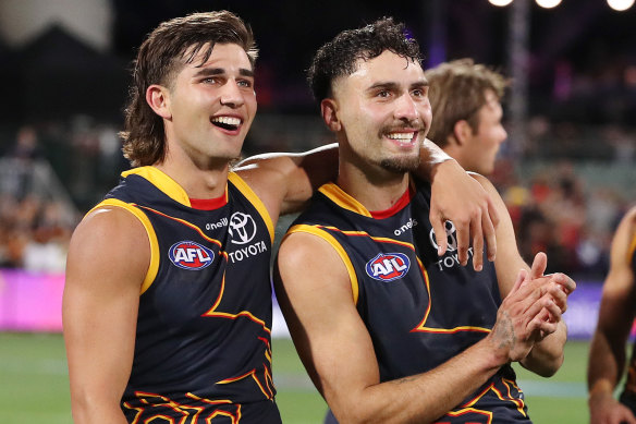 Crows teammates Josh Rachele and Izak Rankine.