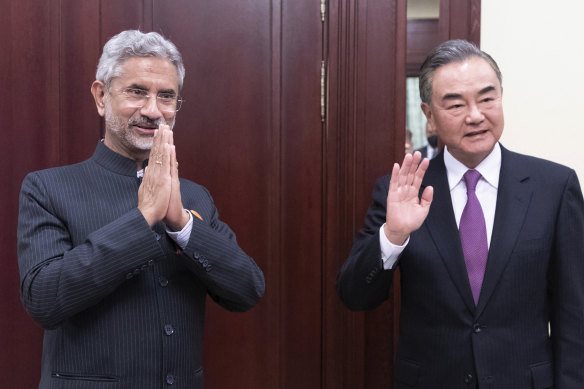 India's External Affairs Minister Subrahmanyam Jaishankar, left, and Chinese Foreign Minister Wang Yi after talks on the sidelines of the Shanghai Cooperation Organisation meeting in Moscow last week, when they agreed to "disengage"