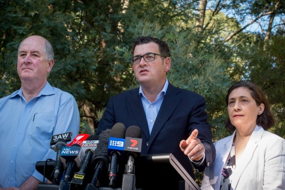 Planning Minister Richard Wynne (left) with Premier Daniel Andrews and Environment Minister Lily D'Ambrosio at the announcement of interim planning measures for the Yarra in 2017. 