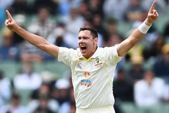 Scott Boland celebrates after taking his first Test wicket during the 2021 Boxing Day Test. 