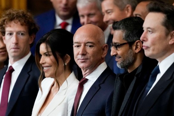 Meta chief Mark Zuckerberg (left) watches the inauguration next to Amazon founder Jeff Bezos and his partner, Lauren Sanchez; Alphabet CEO Sundar Pichai; and Tesla boss Elon Musk.
