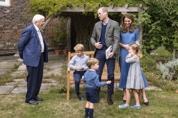 Sir David Attenborough, Prince William, centre, and Kate, the  Duchess of Cambridge with their children.