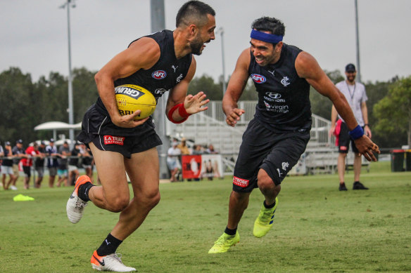 Eddie Betts enjoying his football at Carlton's Sunshine Coast training camp.
