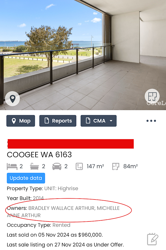 The real estate listing of the property Brad Arthur purchased in November last year.