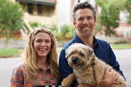 Harriet Dyer and Patrick Brammall with Colin the dog (played by Zak) in season two of Colin from Accounts.