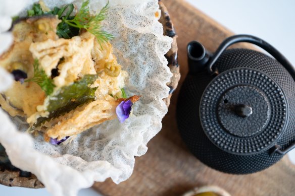 Vegan ochazuke with teapot and pickles at Tento.