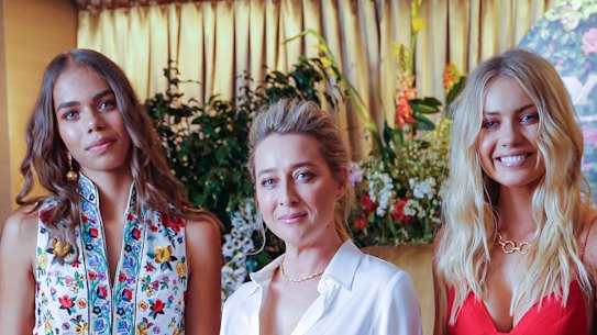 Myer Spring Launch at Mural Hall, Myer Bourke Street Mall, Melbourne today. Youth Ambassador Sarsha Chisholm, Style Ambassador Asher Keddie and Ambassador Elyse Knowles. Picture By Wayne Taylor 30th August 2019. The Age
