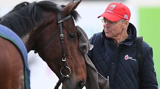 Trainer Hughie Morrison with Marmelo, who has been scratched from the 2019 Melbourne Cup.