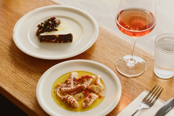 Pickled octopus and baked ricotta with agrodolce.