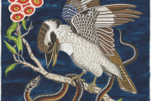 Detail from Bruce Slorach’s ‘Kookaburra with snake’ (2023), gouache on paper. The work has been transformed into a wall hanging made of wool and silk.