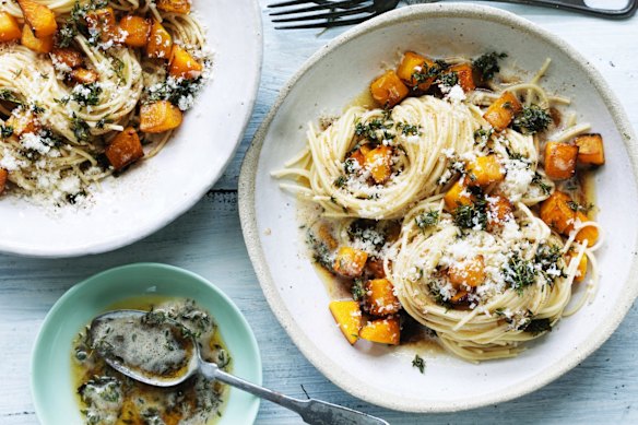 Spaghetti with pumpkin, thyme and brown butter.