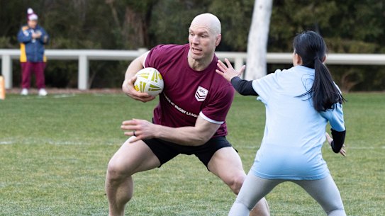 Senator David Pocock during the Parliamentary Friends of NRL State of Origin touch footy match, at the oval at Parliament House in Canberra. 
