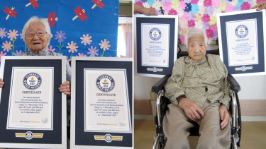 This combination of two undated photos released by Guinness World Records show sisters Umeno Sumiyama, left, and Koume Kodama at separate nursing homes in Shodoshima island, left, and Oita prefecture, Japan.