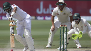 Footwork: Babar Azam bats during day four of the first Test in Dubai.