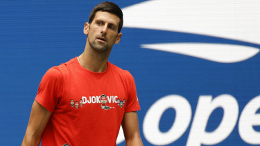 Novak Djokovic looks on during a practice session prior to the start of the 2021 US Open.