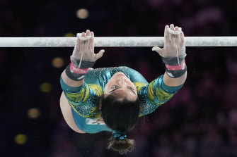 Georgia Godwin of Australia performs on the uneven bars during the women's all-around finals.