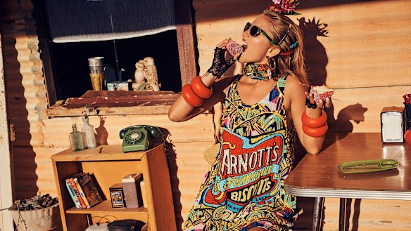 Sticky business ... A model wears one of the Arnott's-inspired pieces from the new Camilla collection. 